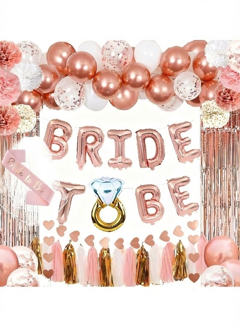 فَرَحُوم طقم زينة حفلة العزوبية باللون الوردي الذهبي، زينة حفلة الاستحمام للعروس مع شريط وطرحة، لافتة بالونات العروس مع بالون خاتم الماس، بالونات كنفتي ولاتكس، ستائر شرينج، كرات ورقية وزينة شرائط للخطوبة، حفلات العزوبية، ليلة الحنة وليلة المندي - Image 1